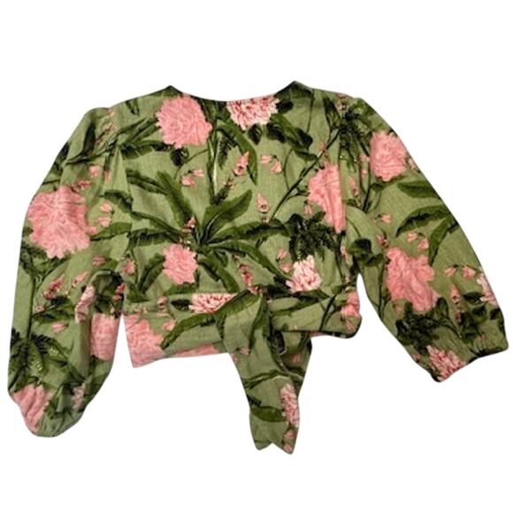 Agua Bendita for Target Peony Print Wrap Crop Top Puff Sleeve Green Pink XS/S - Picture 2 of 11
